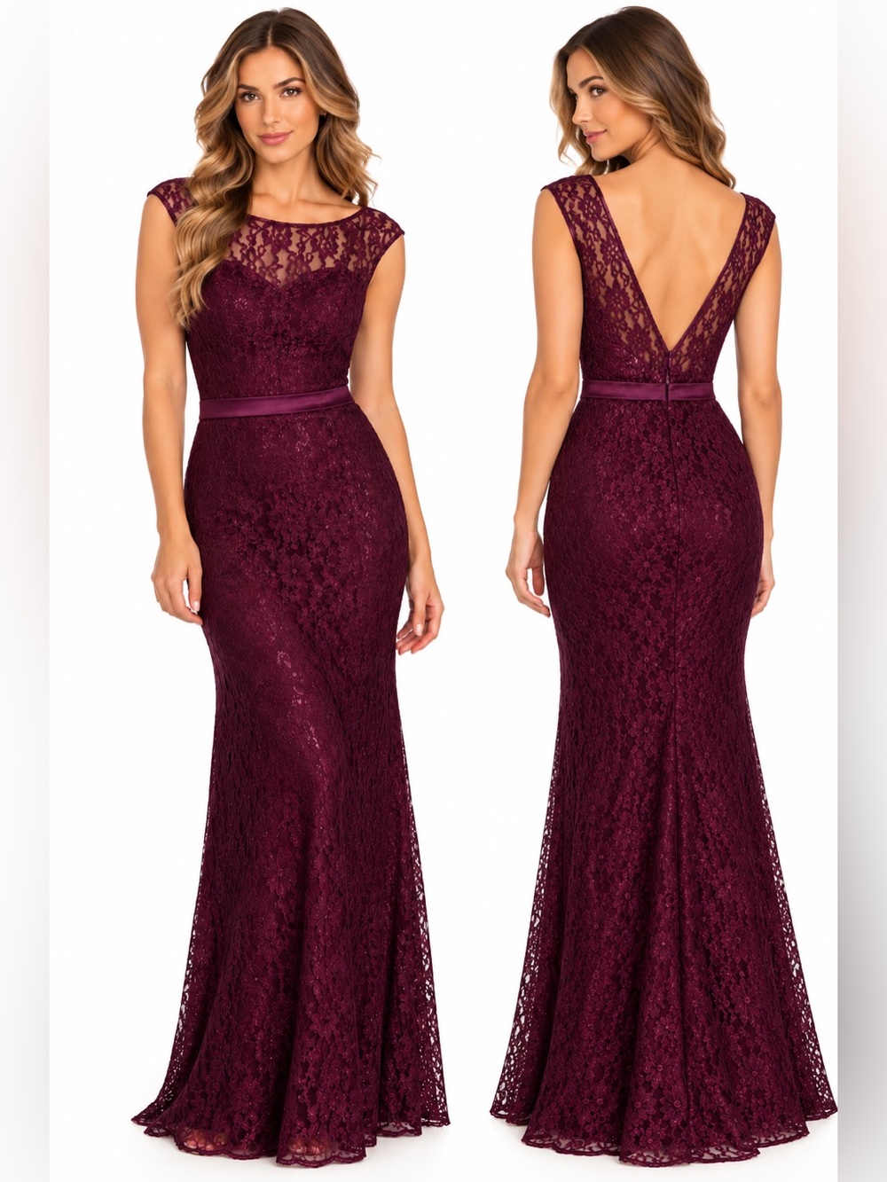 Christina Wu Size 10 Elegant Lace Cap-Sleeve Evening Gown - Burgundy